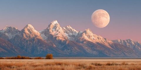 Poster - Moonrise Over Majestic Teton Mountains with Snow Caps at Sunset - Wilderness Landscape for Eco Tourism and Nature Preservation Marketing