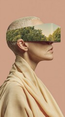 Poster - Futuristic VR Headset with Forest Projection on Woman Profile Symbolizing Sustainable Digital Innovation and Ecological Awareness in Tech and Wellness