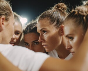 Aufkleber - Determined Womens Soccer Team Strategy Huddle at Night under Stadium Lights Showing Unity and Focus for Competitive Sports Branding and Inspiration