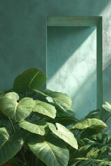 Poster - Lush Green Tropical Plants with Sunlight on Textured Wall - Eco-Friendly Biophilic Interior Design for Modern Wellness Spaces and Sustainable Living