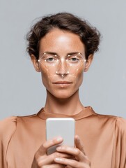 Fototapete - Professional woman using facial recognition technology on smartphone, showcasing advanced biometric security and seamless digital authentication in modern business