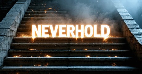Aufkleber - Concrete steps illuminated with bright NEVERHOLD text. Sparks fly from each step, creating dramatic effect. Dark background enhances visual impact.