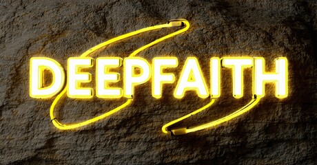 Aufkleber - Bright neon sign displays DEEPFAITH against textured dark background. Glowing lines accentuate lettering, creating dramatic visual impact.