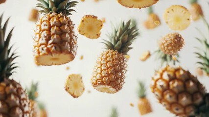 Poster - Golden pineapple cascade: A vibrant composition showcases several whole and sliced pineapples. This eye-catching arrangement captures the essence of tropical freshness and natural sweetness.