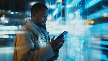 Poster - Modern Urban Lifestyle: African American Man Interacting with Digital Display Using Phone