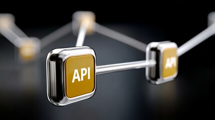 Poster - Series of buttons are connected to each other, with one button labeled API. The buttons are all yellow and silver, and they are arranged in a way that suggests a network or a system
