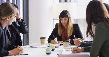 Poster - Collaboration, planning and writing with business people in boardroom for development or discussion. Corporate, meeting and teamwork with notes auditor group in office for professional workshop