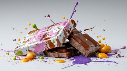 Poster - Chocolate bar with purple and green paint splatters on it. The chocolate bar is cut in half and has a white and pink chocolate bar on top