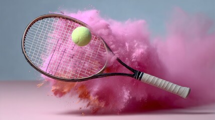 Poster - Tennis racket with a tennis ball and pink smoke in the background. The racket is in the air, and the ball is in the middle of the racket. The pink smoke gives the image a sense of excitement