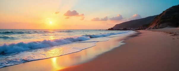 Wall Mural - A serene beach at dawn, tranquil waves lapping the shore, soft sand glistening in the early sunlight Perfect for relaxation, tourism, and coastal business promotions , summer, golden hour