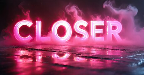 Aufkleber - Bright pink neon text spells CLOSER over wet surface. Smoke fills dark background, creating dramatic effect.