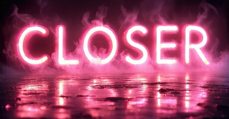 Poster - Bright pink neon sign spells CLOSER. Smoke effects create dramatic, reflective water illusion. Intense lighting, dark background.