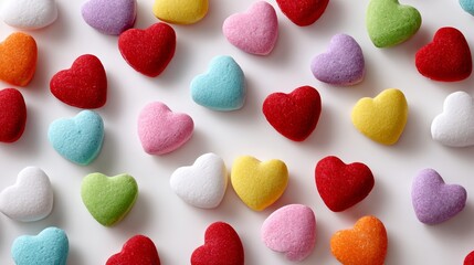 Poster - Bunch of colorful hearts are scattered across a white background. The hearts are made of sugar and come in a variety of colors, including red, yellow, and green. Concept of joy and celebration