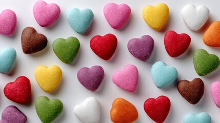 Poster - Bunch of colorful hearts made of sugar. The hearts are of different colors and sizes, and they are arranged in a pattern. Concept of joy and happiness, as the hearts are often associated with love