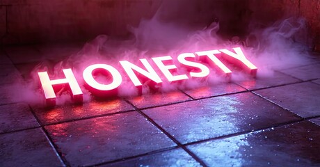 Poster - Bright neon sign spells honesty. Wet tiles reflect light, creating dramatic mood. Smoke adds mysterious atmosphere.
