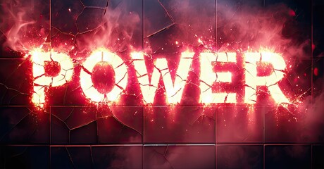 Aufkleber - Bright word POWER glows against cracked wall. Red energy radiates, creating dramatic visual impact. Intense, fiery aesthetic.