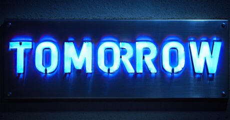 Poster - Bright neon sign displays word TOMORROW. Blue light emanates from letters against dark background. Metallic plate holds illumination.