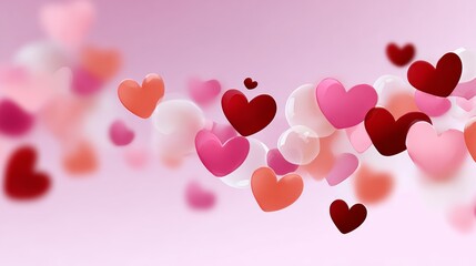 Poster - Pink background with many hearts scattered around it. The hearts are of different sizes and colors, but they all have the same shape. Concept of love and affection