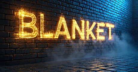 Poster - Bright word blanket glows against dark brick wall. Wet pavement reflects light, creating moody atmosphere. Fog adds mystery.