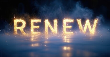 Aufkleber - Golden RENEW text glows above reflective surface. Dark blue smoke creates dramatic atmosphere. Bright sparks add visual interest.