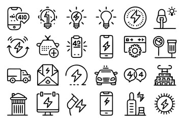 Poster - High quality line icons depicting battery charging energy and recharging processes