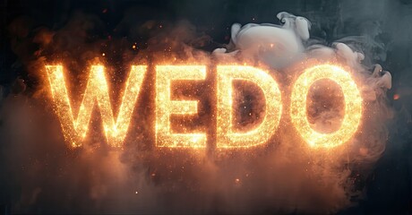 Poster - Fiery text spelling WEDO emerges from smoke. Bright orange glow contrasts dark background. Dramatic visual impact.