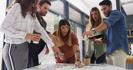 Aufkleber - Creative, meeting and business people with documents in office for planning, brand design and ideas. Collaboration, teamwork and workers with notes, color palette and layout for marketing strategy