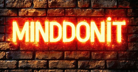 Poster - Bright neon sign spells MINDDONIT against rustic brick wall. Dramatic lighting creates intense glow, dark background emphasizes text.