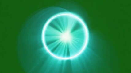 Poster - mystic aura: a luminous, teal-colored ring emanates radiant beams against a verdant backdrop, symbol