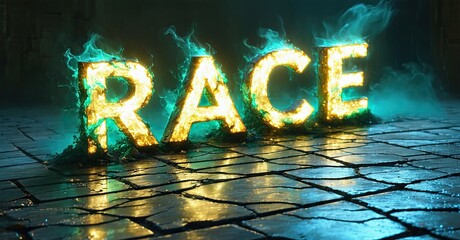 Poster - Dramatic RACE text glows, emitting turquoise smoke. Stone floor reflects light, creating intense visual impact. Dark background enhances contrast.