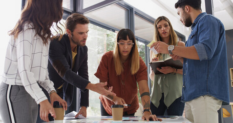 Aufkleber - Creative, meeting and business people planning in office for company portfolio, interior design and ideas. Collaboration, teamwork and workers with notes, color palette and research for layout