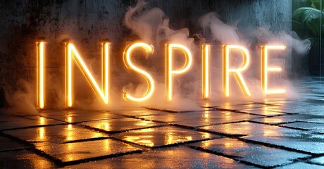 Aufkleber - Bright neon word inspire rests upon wet tiled floor. Smoke rises creating dramatic lighting effect. Dark background enhances glow.
