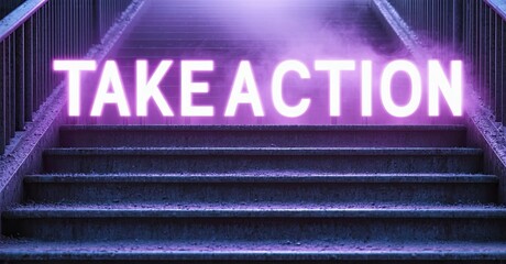Aufkleber - Staircase illuminated with bright purple Take Action text. Dramatic lighting creates strong visual impact, inspiring motivation.