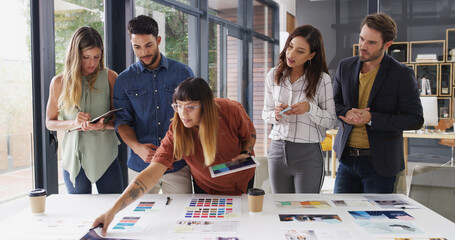 Aufkleber - Business people, feedback and tablet with brainstorming, creative project and cooperation with app. Group, employees and graphic designers in office, review and tech with color for proposal or ideas
