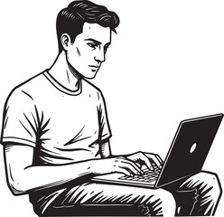 focused developer working on laptop illustration in woodcut styl