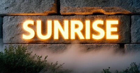 Poster - Stone wall displays illuminated SUNRISE text. Fog drifts below, greenery frames bottom edge. Dramatic lighting creates strong contrast.