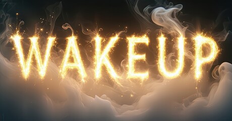 Aufkleber - Fiery text spells WAKEUP. Smoke swirls around glowing letters. Dark background emphasizes bright illumination, creating dramatic effect.