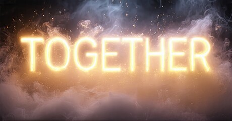 Aufkleber - Bright text reads TOGETHER against smoky dark background. Warm glow emanates from letters, creating dramatic effect. Visual emphasizes unity.