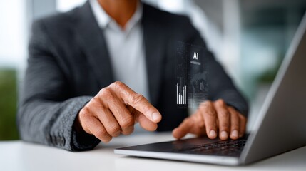 Poster - Man is using a laptop with a projection of a graph on the screen. He is pointing at the graph with his finger