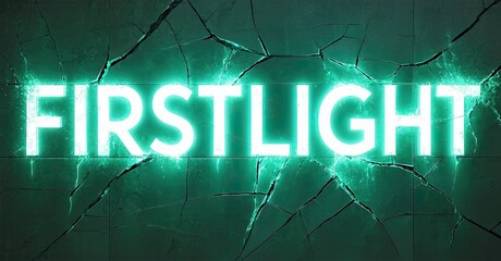 Fototapete - Bright text FIRSTLIGHT glows against cracked teal background. Dramatic lighting creates intense visual impact. Simple, bold design.