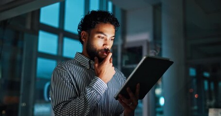 Poster - Office, night and businessman on tablet reading for finance report, investment research and stock market. Corporate, digital tech and person working late for financial planning, review and trading
