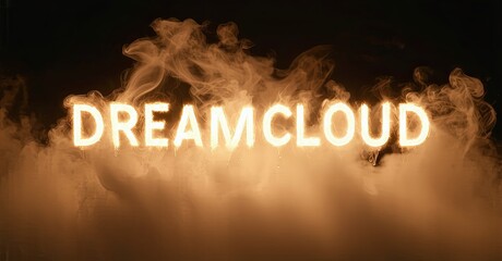 Poster - Bright neon text spells DREAMCLOUD amidst swirling smoke. Dramatic lighting creates moody atmosphere. Simple design focuses attention on word itself.