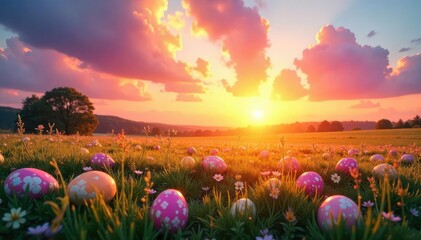 Wall Mural - Vibrant sunrise on Easter morning, pastel colors illuminate the sky , hope, calm, new beginnings