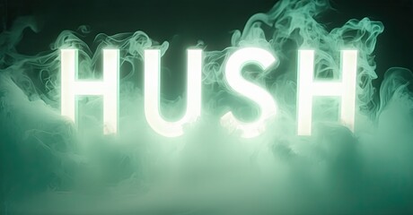 Poster - Glowing text spells HUSH amid swirling green smoke. Dramatic lighting creates mysterious atmosphere. Simple, impactful visual design.