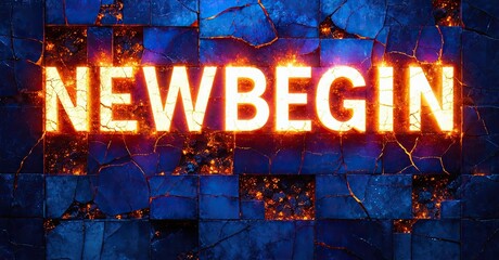 Aufkleber - Bright text spells NEWBEGIN over fractured blue surface. Dramatic lighting creates glowing cracks, dark background emphasizes message.