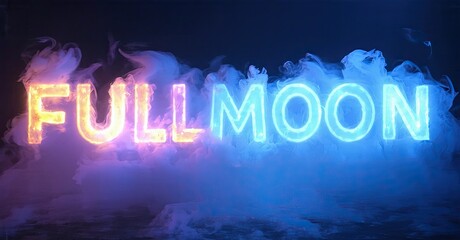 Poster - Bright full moon text glows amidst swirling purple, blue smoke. Dramatic lighting creates captivating visual effect.
