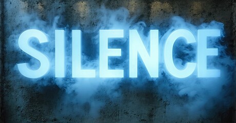 Poster - Bright neon sign spells SILENCE. Blue smoke surrounds glowing letters. Dark background creates dramatic effect. Minimalist design.