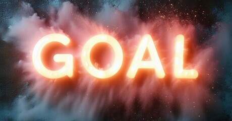Aufkleber - Bright glowing word GOAL amidst colorful smoke explosion. Dramatic lighting, dark background creates impactful visual.