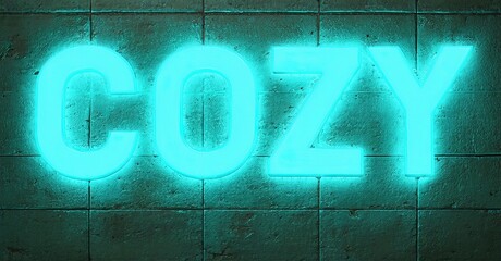 Aufkleber - Bright neon sign spells cozy against textured stone wall. Turquoise glow dominates dark background, creating inviting atmosphere.