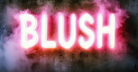 Aufkleber - Bright neon sign spells BLUSH. Pink, orange glow emanates from letters against dark textured wall. Smoke adds dramatic effect.